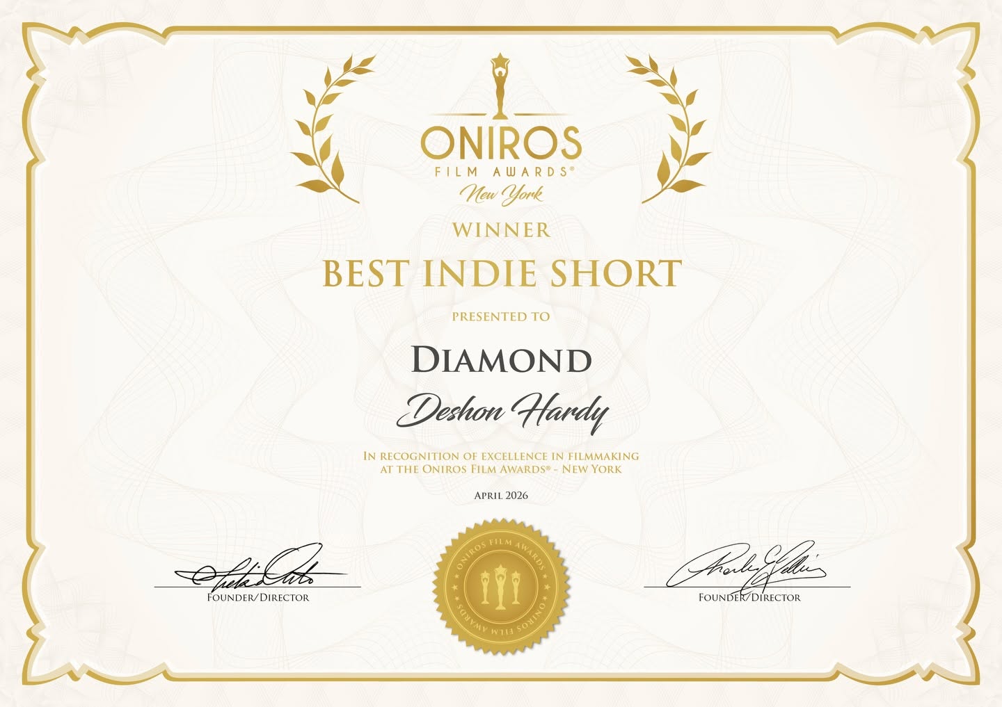 Diamond Oniros Winner Certificate